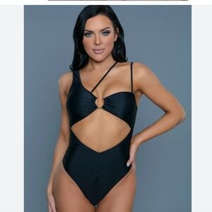 Qinsen Sexy w one shoulder cut out high cut ruched cheeky bottom Swimsui…